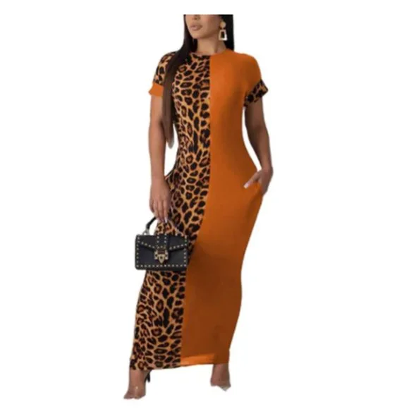 white christmas dresses Leopard Print Smocked Tie Shoulder Dress Khaki / XL main image 1